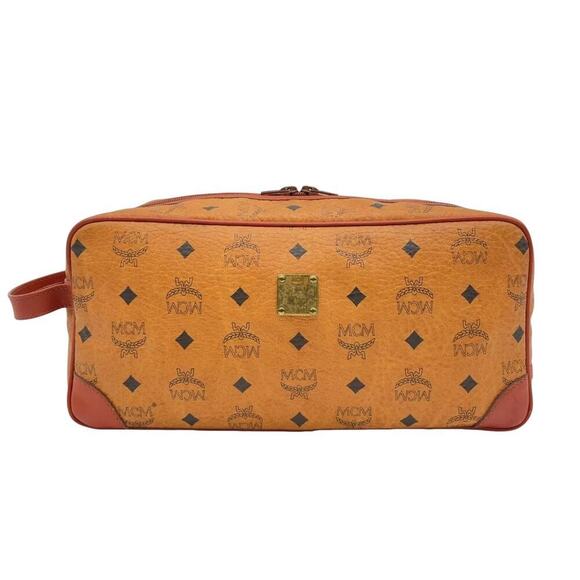 MCM Vintage Visetos Monogram Canvas Toiletry Barrel Bag Nappa Leather Trim - Picture 1 of 16